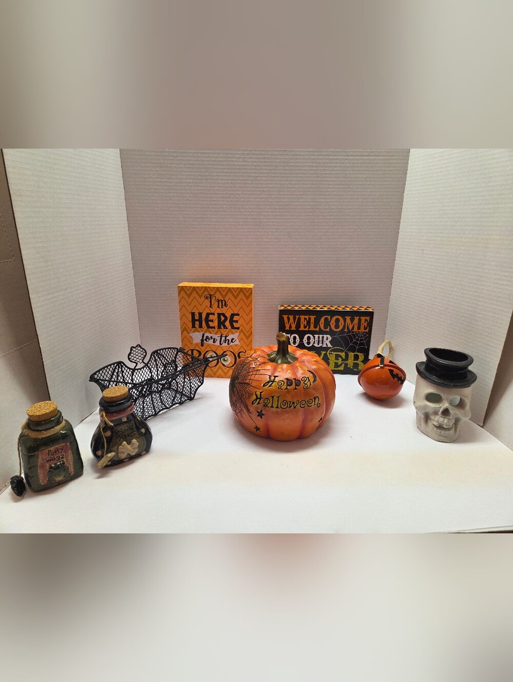 Halloween Pumpkin Skull Potion  Bat Ceramic Decor Orange Black Lot Of 8